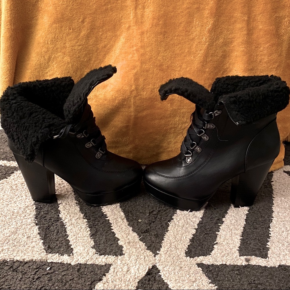 Black Furry Chunky-Heeled Booties